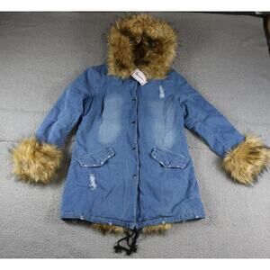 New ASA Fashion Group S Long Hooded Distressed Denim Parka Faux Fur Lined Jacket